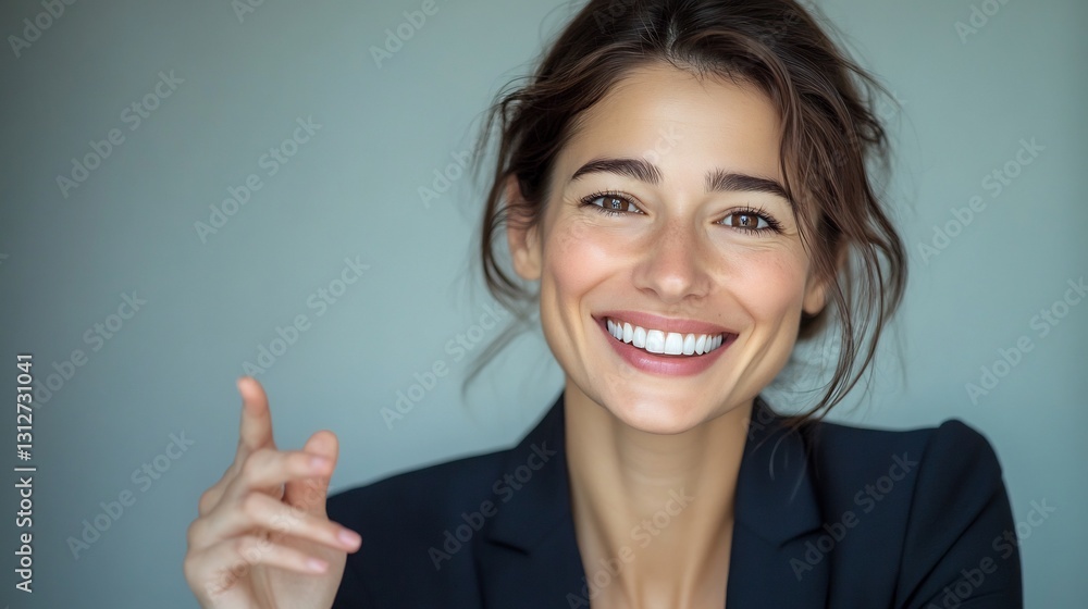 Happy European woman in smart attire smiling confidently with a toothy grin gesturing with her hand in a horizontal composition with copy space for text Happy European woman in smart attire smiling confidently with a toothy grin gesturing with her hand in a horizontal composition with copy space for text