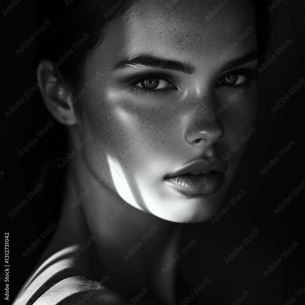 Black and white close-up portrait of a woman with piercing eyes and dramatic lighting, exuding timeless beauty and elegance. Black and white close-up portrait of a woman with piercing eyes and dramatic lighting, exuding timeless beauty and elegance.