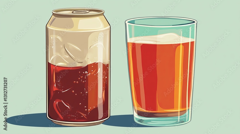 Fototapeta premium Canned soft drinks and a glass of cola, vector illustration. 