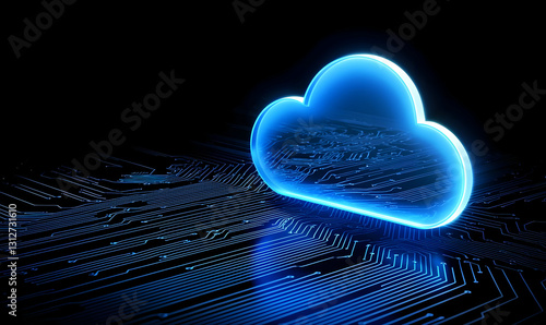 Futuristic Digital Cloud with Neon Glow on Circuit Board Background
