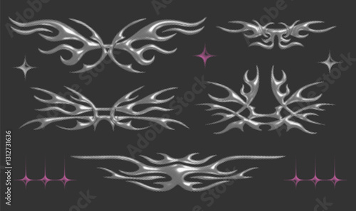 Halftone Neo-tribal shapes. Abstract ethnic shapes in gothic style. Hand drawn modern 3d chrome elements for typography, tattoo, poster, cover. Vector illustration. White color on black background