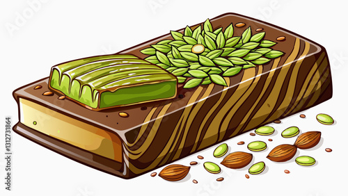 milk chocolate bar filled with pistachio paste and kataifi. White baground