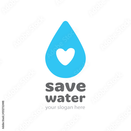 Save Water Logo Vector for Ecology Company. Sign Icon Label Recycling. Simple Flat Symbol Hand Drawing Drop Water, Heart. Doodle Cartoon Style. Logotype Spa Concept. Illustration Isolated Background.