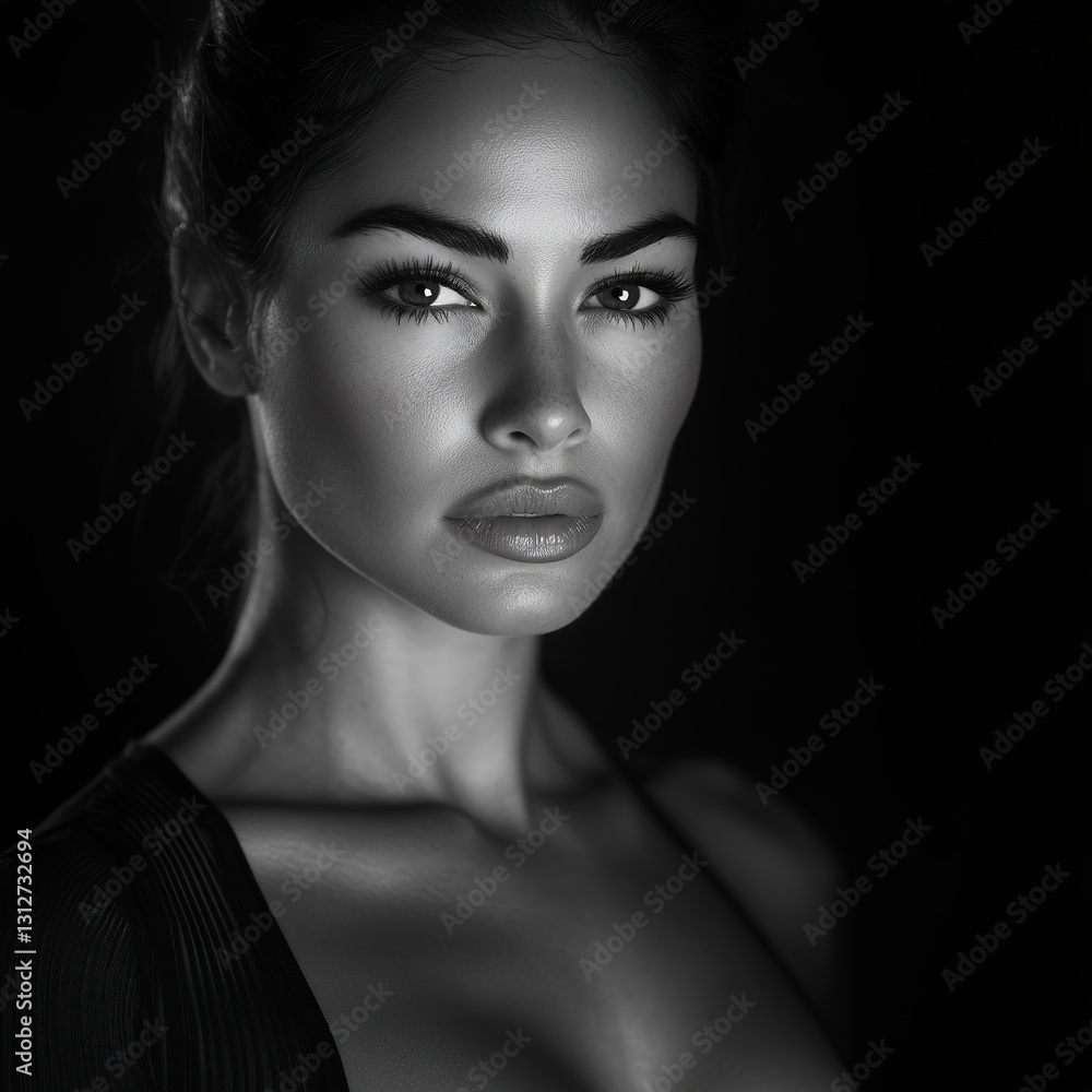 Fototapeta premium Black and white portrait of a woman with deep eyes and soft lighting, highlighting natural beauty and elegance in a timeless aesthetic.
