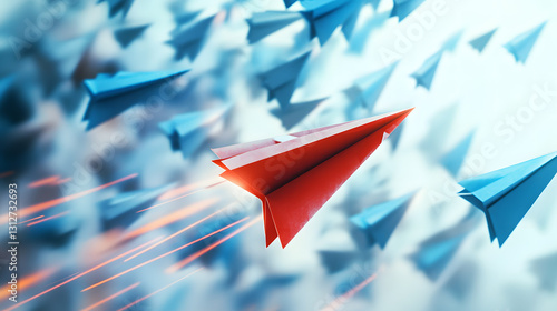 One Red Paper Airplane Leading a Swarm of Blue Paper Airplanes - Concept of Leadership, Innovation,