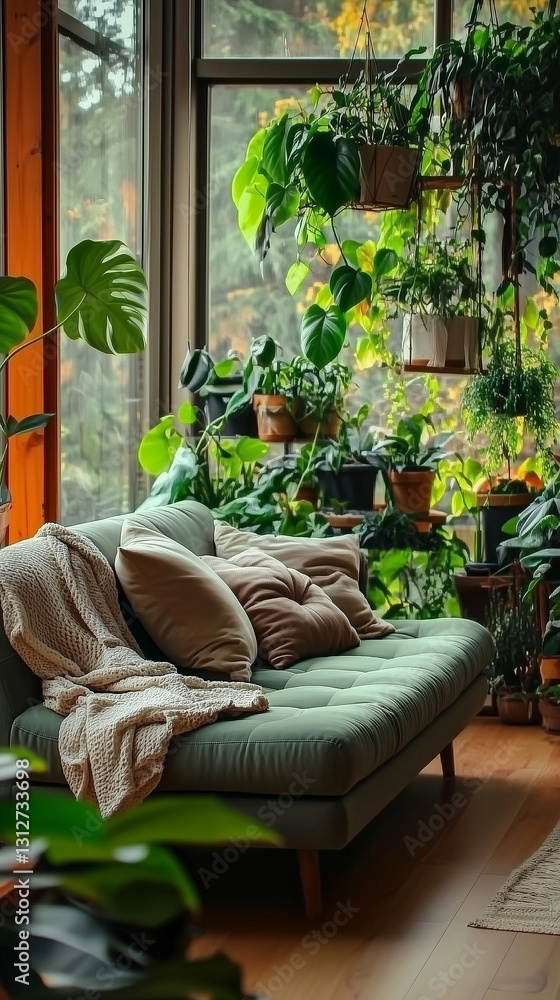 Sofa z dużą ilością poduszek i zielone rośliny