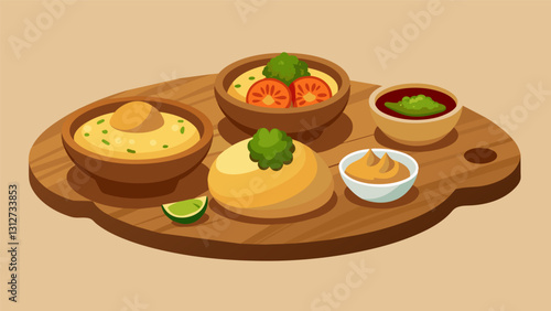 Plates of hummus baba ghanoush and falafel arranged on a beautiful wooden platter tempting guests to try a little of everything.. Vector illustration