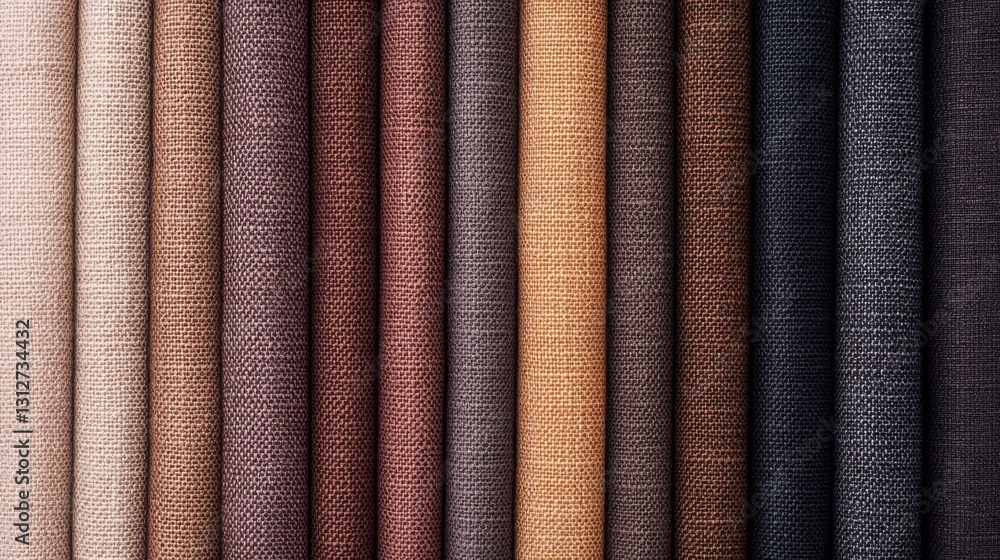 Assorted textile fabrics in neutral earth tones displayed vertically Assorted textile fabrics in neutral earth tones displayed vertically