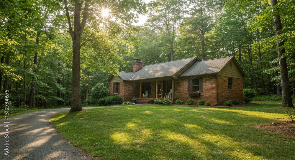 Ranch House in Wooded Setting - A charming brick ranch house nestled amongst lush green trees, bathed in sunlight. Peaceful and idyllic Ranch House in Wooded Setting - A charming brick ranch house nestled amongst lush green trees, bathed in sunlight. Peaceful and idyllic