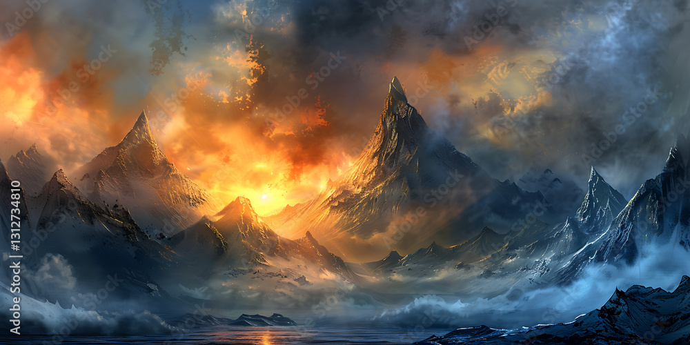 Fototapeta premium Orange Sunset and Mist Enveloping Rugged Mountain Peaks 