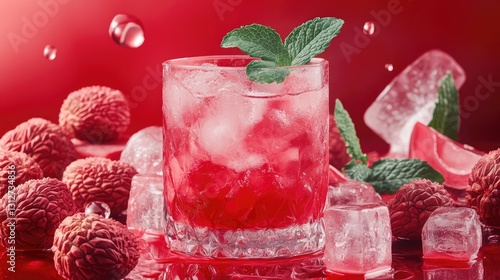 Refreshing Lychee Cocktail with Mint Garnish Surrounded by Ice and Edible Garnishes on a Vibrant Red Background