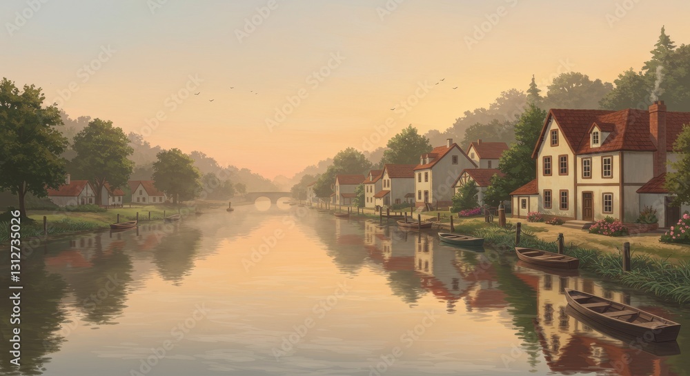 River Reflections: Dawn Over the Village - Serene dawn scene, river reflecting charming village houses, idyllic setting, peaceful atmosphere, tranquil waters. Symbolizes peace, tranquility, beauty River Reflections: Dawn Over the Village - Serene dawn scene, river reflecting charming village houses, idyllic setting, peaceful atmosphere, tranquil waters. Symbolizes peace, tranquility, beauty