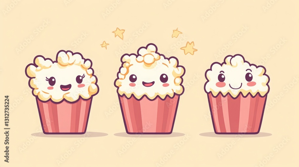Popcorn Day cartoon with cute, kawaii-style popcorn kernels and funny expressions. Popcorn Day cartoon with cute, kawaii-style popcorn kernels and funny expressions.
