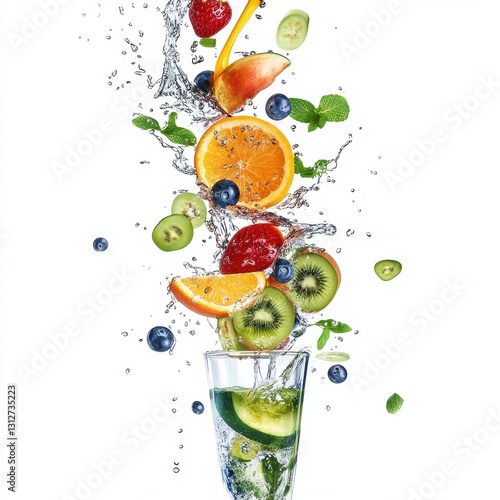 Fresh juice cascades from vibrant fruits and refreshing herbs into clear glasses against a bright white backdrop. Generative AI