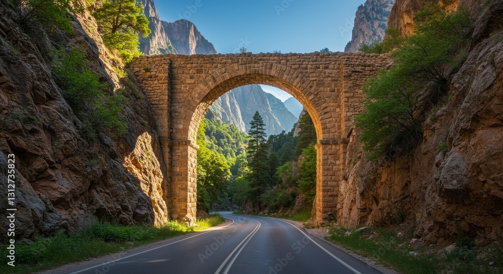 Fototapeta premium Scenic Road Through Mountain Canyon Arch Bridge - Journey through majestic mountains, a winding road, ancient stone arch bridge, vibrant greenery, and a clear blue sky. Symbolizing adventure
