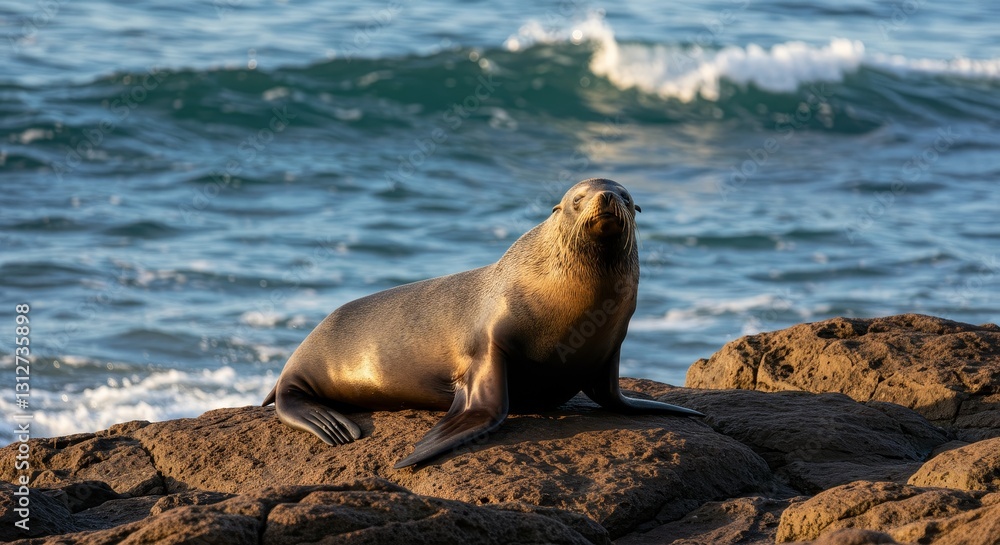 Fototapeta premium Seal on Rocky Coastline - A lone seal rests on dark rocks near the ocean, waves gently lapping in the background. Sunlight illuminates its fur