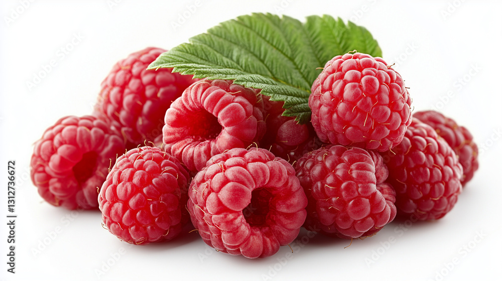 Fresh raspberry berries with green leaf isolated on white background for food and nutrition concepts Fresh raspberry berries with green leaf isolated on white background for food and nutrition concepts