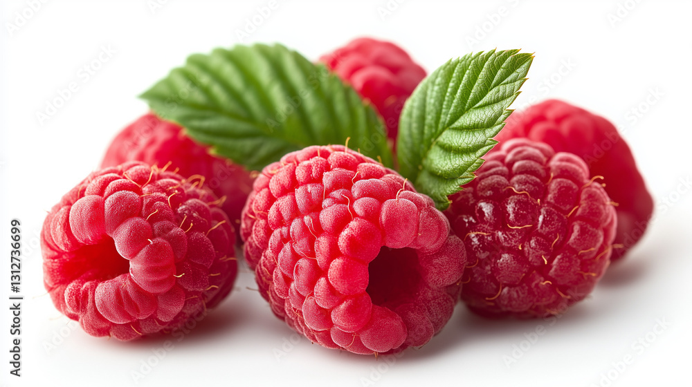 Fresh raspberry berries with green leaf isolated on white background for food and nutrition concepts Fresh raspberry berries with green leaf isolated on white background for food and nutrition concepts