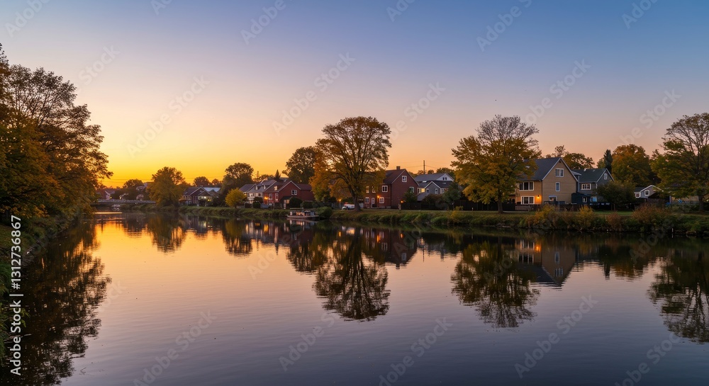Serene Sunset Over Canal Town - Calm sunset reflecting on a tranquil canal, lined with charming houses and autumn trees. Peaceful waterfront scene Serene Sunset Over Canal Town - Calm sunset reflecting on a tranquil canal, lined with charming houses and autumn trees. Peaceful waterfront scene