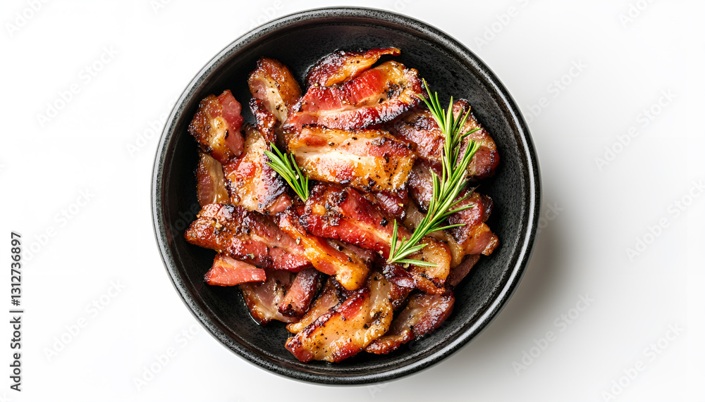 Slices of tasty fried bacon in bowl isolated on white, top view Slices of tasty fried bacon in bowl isolated on white, top view