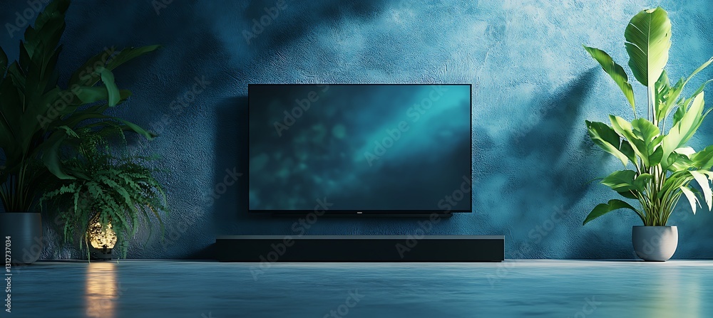 A flat-screen TV mounted on a brick wall in a stylish living room, copy space in the upper-left corner A flat-screen TV mounted on a brick wall in a stylish living room, copy space in the upper-left corner