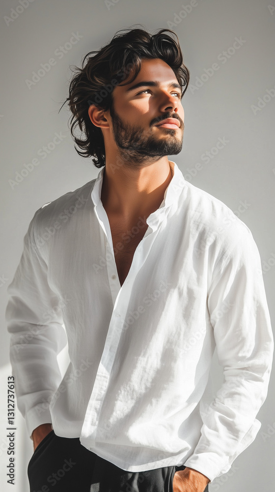 Obraz premium Handsome man in a white shirt looking away in natural light for fashion and lifestyle concepts - vertical format
