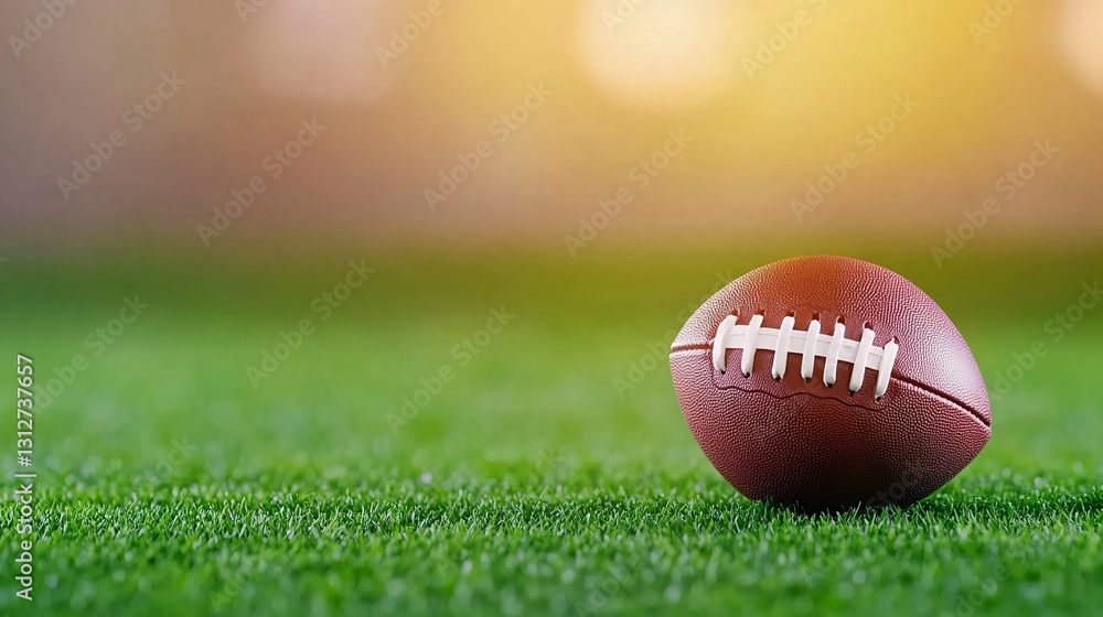 A brown leather football resting on vibrant green grass outdoors A brown leather football resting on vibrant green grass outdoors