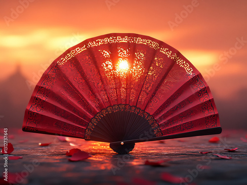 a fan made of red paper, with chinese-style patterns on it,