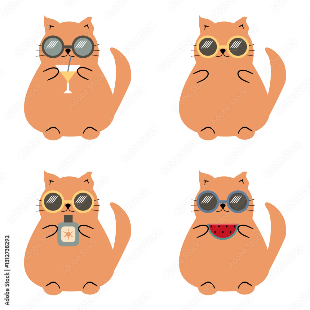 Fototapeta premium Nice cartoon fat funny cat in summer wearing sunglasses on holidays relax rest cute lovely animal