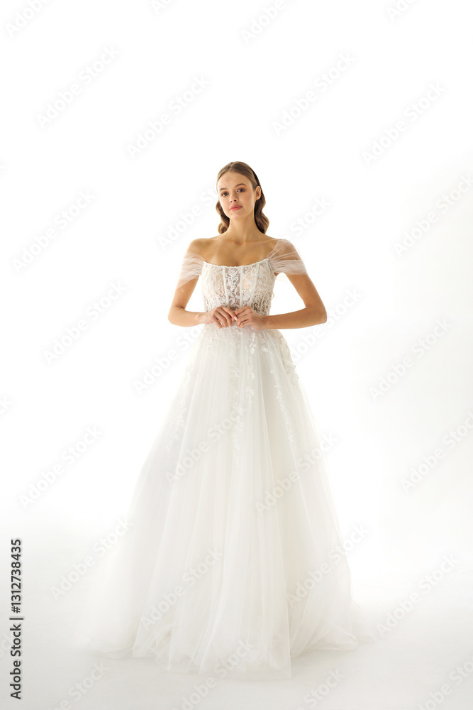 Elegant bride wearing a stunning white wedding dress in a soft-lit studio setting Elegant bride wearing a stunning white wedding dress in a soft-lit studio setting