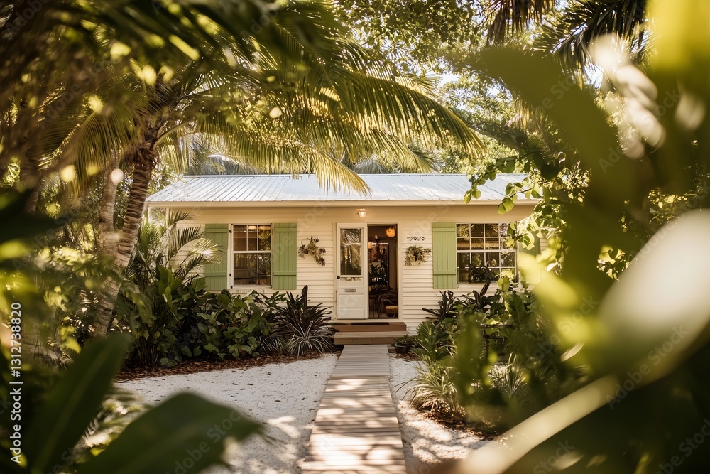 Fototapeta premium charming coastal house with pastel turquoise shutters and white wooden siding, nestled among lush palm trees