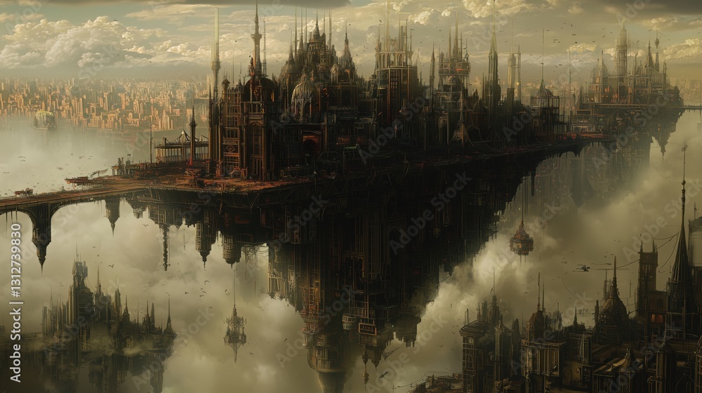 Obraz premium Floating Steampunk City Above the Clouds
