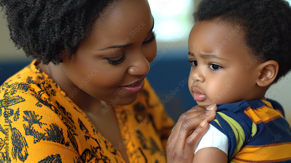 Mother comforting her young son after a vaccination, with an expression of care and tenderness. Generated with AI.