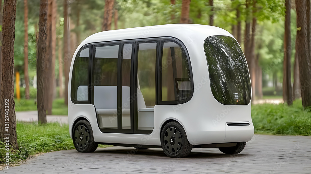 Fototapeta premium White Autonomous Shuttle in a Green Park Setting