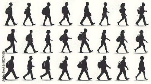 Silhouettes of people walking with backpacks.