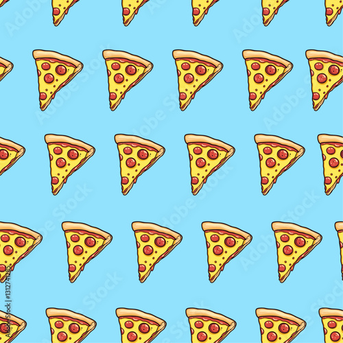seamless pattern of pizza slices on a vibrant blue background for fabric or resturant designs.