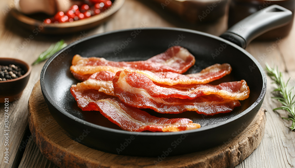 Delicious bacon slices in frying pan and products on wooden table, closeup Delicious bacon slices in frying pan and products on wooden table, closeup