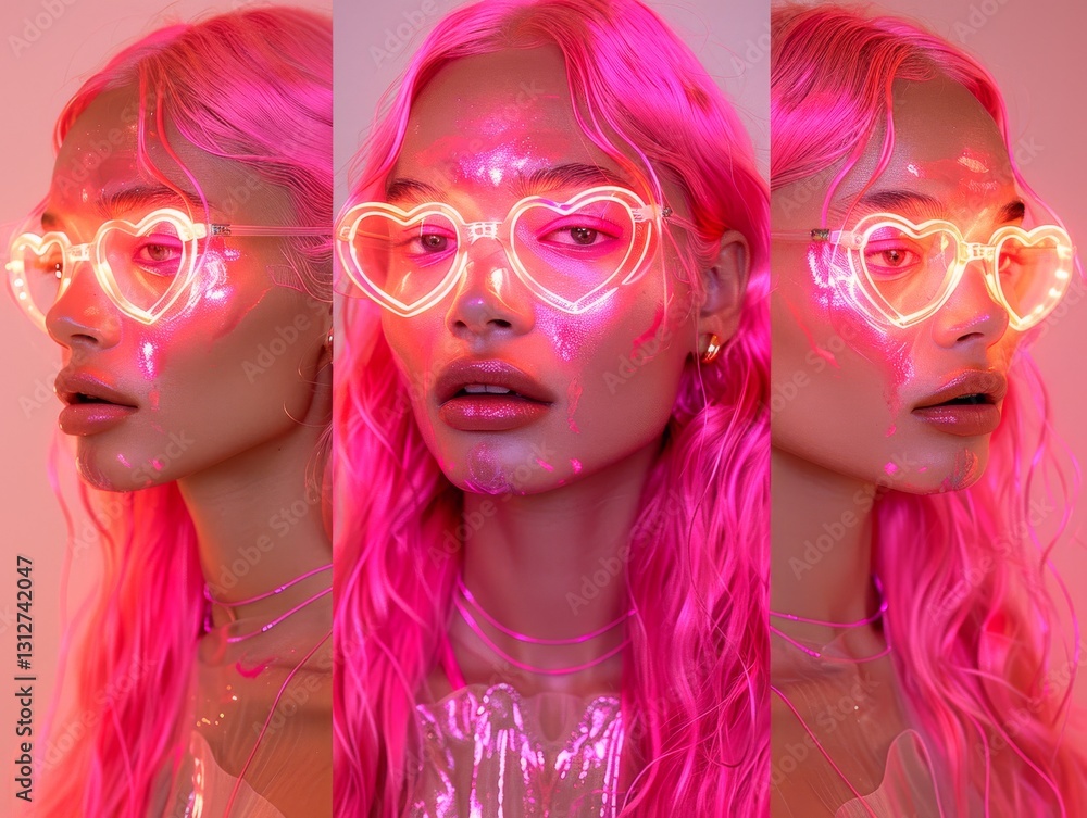 Obraz premium Three images of a girl with pink hair wearing glowing heart-shaped glasses and glitter on her skin.