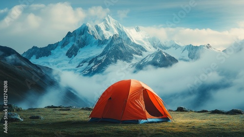 Alpine Sunrise Camp Beneath Snowy Peaks
