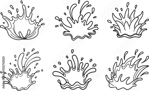 set of water splashing line art, black outline, vector and illustration, coloring book page line art drawing