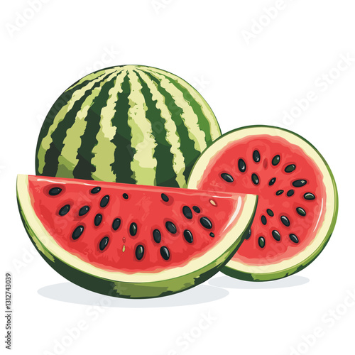 A ripe watermelon is whole and half slice A group of whole watermelons halves and slices melon summer fruit isolated on a white background