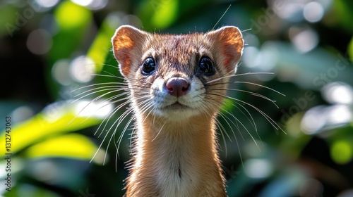 Asian palm civet looking up in lush rainforest photo