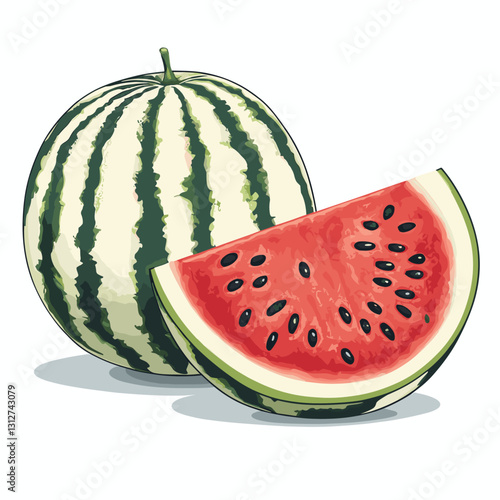 A ripe watermelon is whole and half slice A group of whole watermelons halves and slices melon summer fruit isolated on a white background