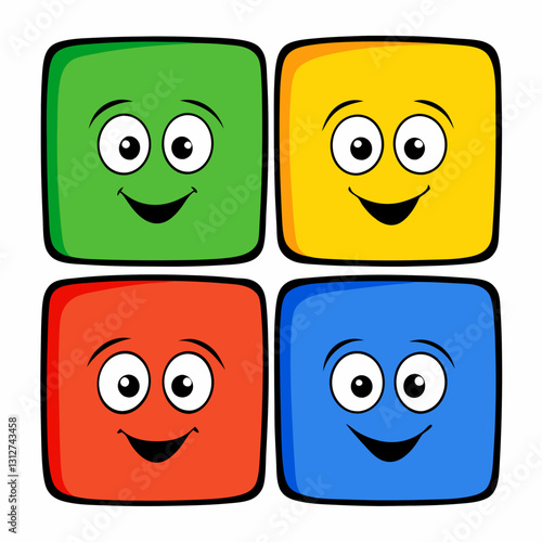 set of four cute cartoon blocks with cheerful faces, each block is a different color and all of them are smiling happily, vector illustration