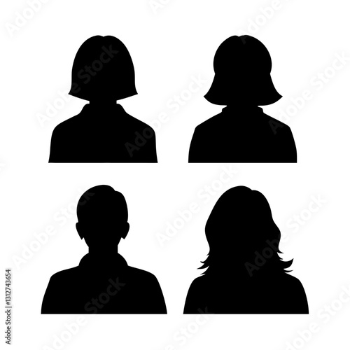 set of four diverse female silhouettes, various hairstyles, profile view, vector illustration