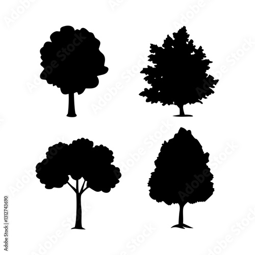 silhouette trees set isolated. featuring four distinct silhouettes of trees, perfect for design purposes, vector illustration
