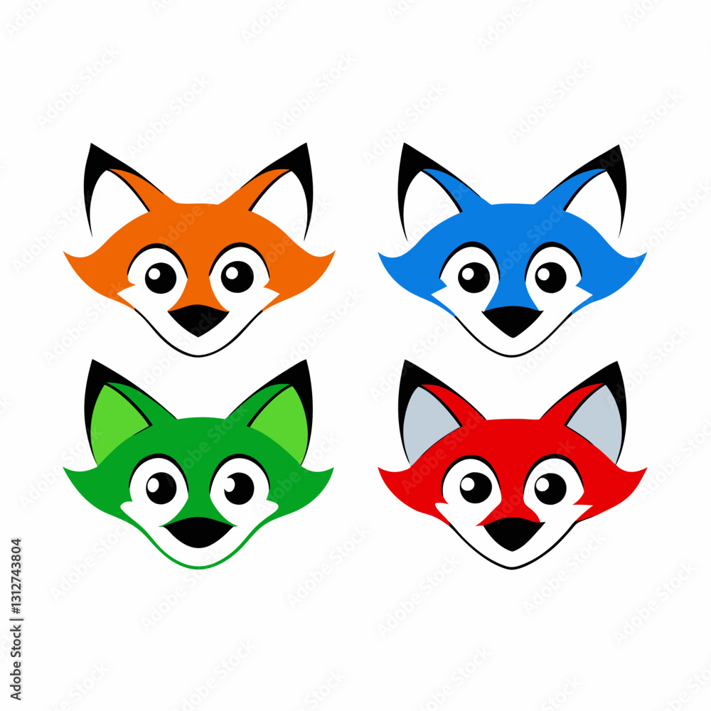 a set of four colorful cartoon fox mascot faces, each with a unique color and expression, vector illustration a set of four colorful cartoon fox mascot faces, each with a unique color and expression, vector illustration