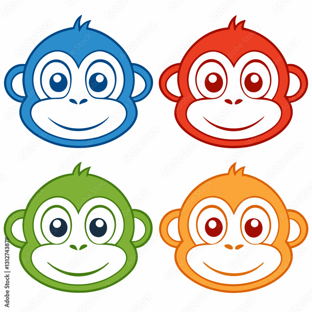 set of four colorful cartoon monkey mascot faces with cheerful expressions. Each monkey is a different vibrant color, vector illustration set of four colorful cartoon monkey mascot faces with cheerful expressions. Each monkey is a different vibrant color, vector illustration