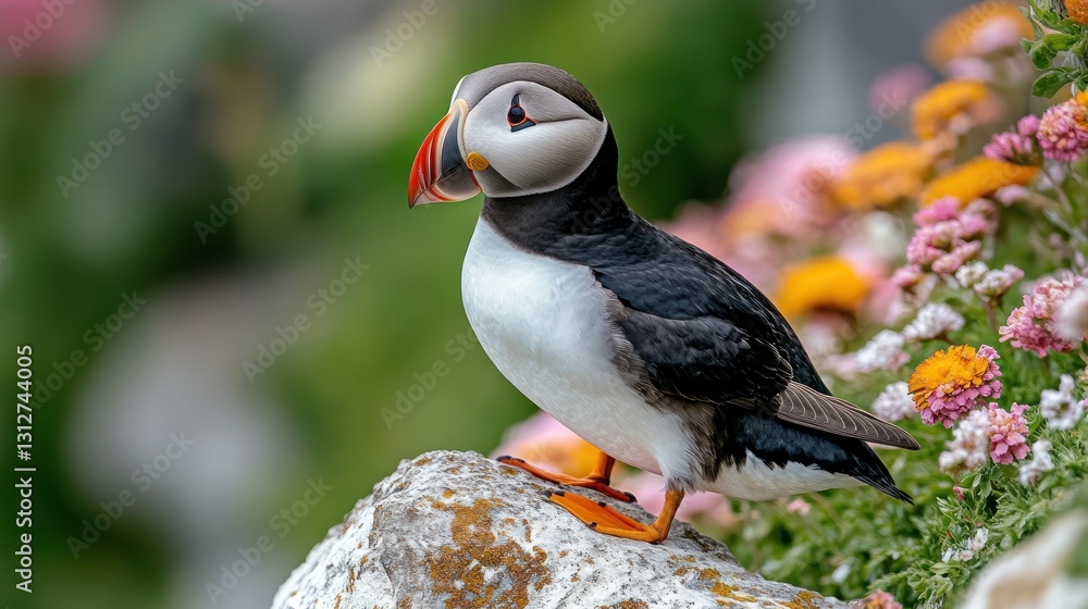 Naklejka premium Atlantic puffin perched on rock amidst wildflowers
