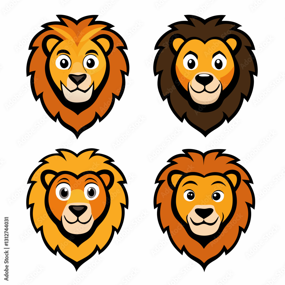 Obraz premium Set of four cartoon lion mascot heads featuring different colors and expressions, perfect for use in logos and designs. vector illustration